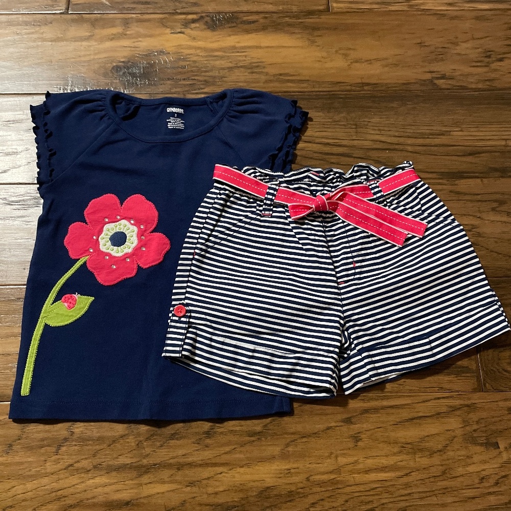 Gymboree shorts and ruffle flower T shirt navy size 3-4